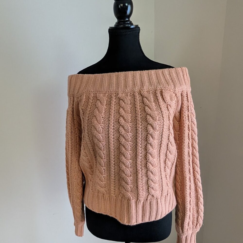 Pink Off the Shoulder Cable Knit Sweater